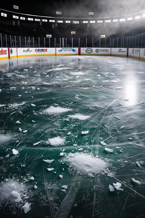 Shattered ice pieces litter the surface of a hockey rink, reflecting the dim lighting from the stands. This venue recently hosted a thrilling game, leaving remnants behind.の写真素材
