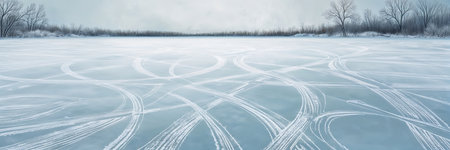 A frozen lake stretches across the scene, marked with intricate tire tracks. Bare trees line the distant shore under a gray sky, creating a tranquil winter atmosphere.の写真素材