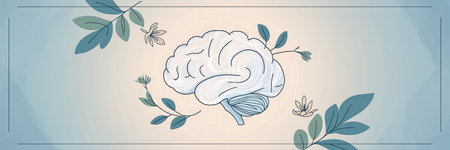A detailed illustration of a human brain is surrounded by delicate green leaves and floral elements. This artwork represents themes of mindfulness, mental wellness, and creativity.の写真素材