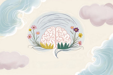 A whimsical illustration features a brain adorned with colorful flowers and surrounded by soft clouds. The vibrant design symbolizes creativity and nature\'s calming influence, inviting reflection.の写真素材