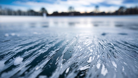 A frozen lake displays intricate patterns on its surface, reflecting cool colors under a partly cloudy sky. The tranquil winter atmosphere invites exploration and enjoyment of nature.の写真素材