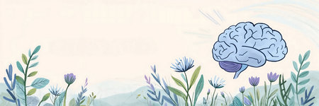 A whimsical illustration features a brain floating above a field of colorful wildflowers and green plants. The vivid colors and playful style convey a sense of creativity and imagination.の写真素材