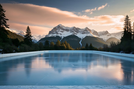 A tranquil ice skating rink reflects the vibrant colors of the sunset. Surrounded by towering mountains and dense pine trees, this serene location invites activities in the cool evening air.の写真素材