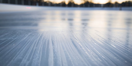 The smooth surface of an ice rink reflects the soft glow of evening light, setting the stage for...
