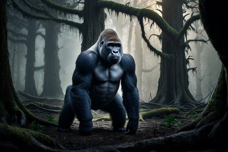 A powerful gorilla is seen in a lush, misty forest, surrounded by towering trees and vibrant greenery. The early morning light filters through the foliage, creating a mystical atmosphere.の写真素材