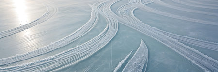 Skate marks crisscross a frozen lake, reflecting sunlight on a clear winter afternoon. Various...