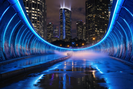 A beautifully lit urban waterway reflects blue lights against tall skyscrapers at night. The vibrant...