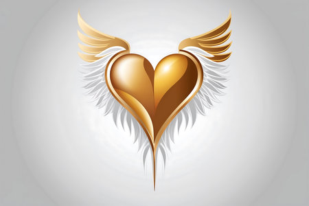 A golden heart with elegant white wings is centrally placed on a light gray background, creating a striking and inspirational visual. The design symbolizes love and freedom.の写真素材