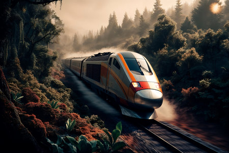 A high-speed train glides along tracks surrounded by dense forest and misty mountains at dawn. The...