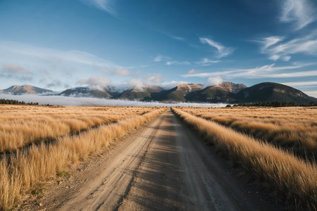 A dirt road stretches through tall golden grasslands, leading toward majestic mist-covered mountains under a clear blue sky. Soft clouds drift over the peaks in the distance.の写真素材