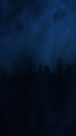 A city skyline emerges from a dense fog and dark clouds during twilight. The silhouettes of buildings create a haunting yet captivating atmosphere, evoking feelings of mystery and intrigue.の写真素材