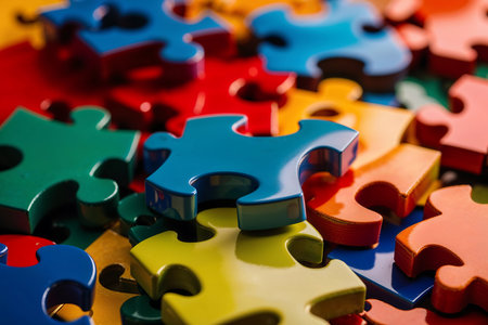 Brightly colored jigsaw puzzle pieces are scattered across a tabletop, showcasing various shapes and hues. This playful arrangement highlights creativity and joy found in puzzle assembly.の写真素材