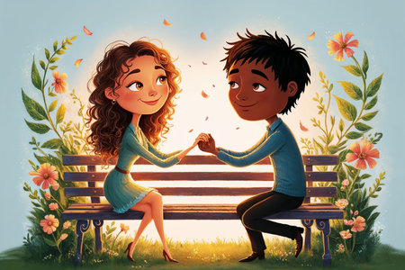 Two young people sit closely on a bench in a park, holding hands and looking into each otherâs eyes. Soft light and colorful flowers create a warm and romantic atmosphere.の写真素材