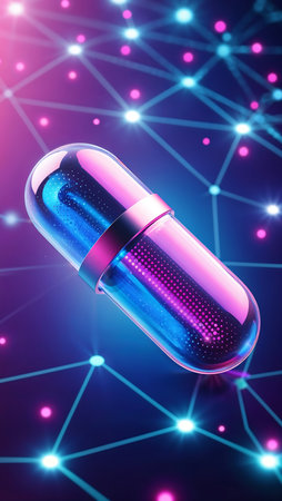 A colorful capsule hovers in a digital space filled with luminous nodes and lines, creating a futuristic atmosphere. Light reflects off the capsule, enhancing its vibrant hues.の写真素材