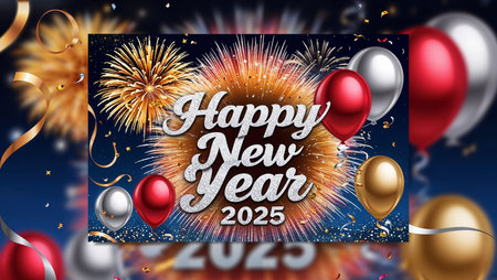 Festive decorations showcase a vibrant New Year celebration for 2025, featuring colorful balloons...