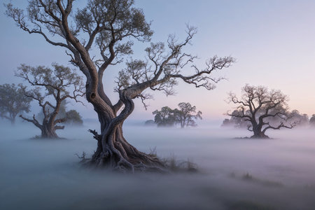 Morning fog envelops gnarled trees in a quiet landscape, creating a mystical atmosphere. The silhouette of the trees contrasts with soft hues of dawn, suggesting tranquility and beauty.の写真素材