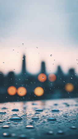Small droplets of rain collect on a reflective surface, creating a beautiful effect as a blurred city skyline looms in the background, illuminated by distant lights at dusk.の写真素材
