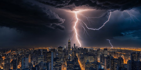 Bright lightning illuminates a city skyline at night as a storm brews overhead. Dark clouds dominate the sky, creating a striking contrast with city lights below.の写真素材