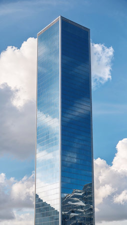 A sleek, modern skyscraper stands against a backdrop of puffy white clouds and a bright blue sky.