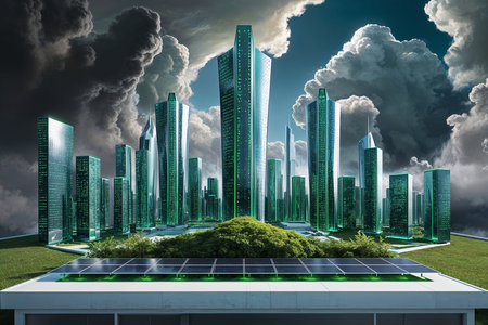 A vibrant city with tall green glass skyscrapers stands against a backdrop of dark, swirling clouds. Solar panels are visible in the foreground, emphasizing sustainability and innovation.の写真素材