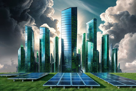 A vibrant cityscape features sleek skyscrapers with reflective glass, surrounded by solar panels on lush green grass. Dramatic clouds enhance the contemporary setting during daylight.の写真素材