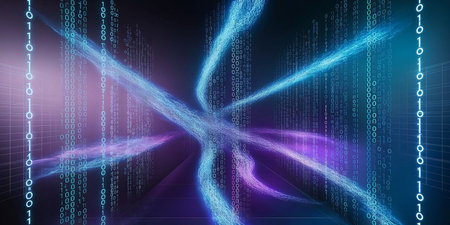 Colorful abstract design features flowing light trails and binary code against a dark background. The visual conveys a sense of digital energy and technological advancement.の写真素材