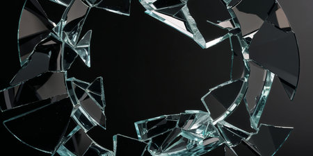 Fragments of broken glass are scattered in a circular formation against a black backdrop, creating an intriguing visual pattern. Light reflects off the sharp edges, enhancing the drama.の写真素材