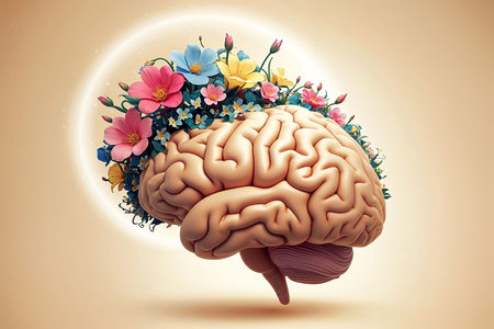 A human brain is creatively illustrated with colorful flowers blooming from its surface, symbolizing...