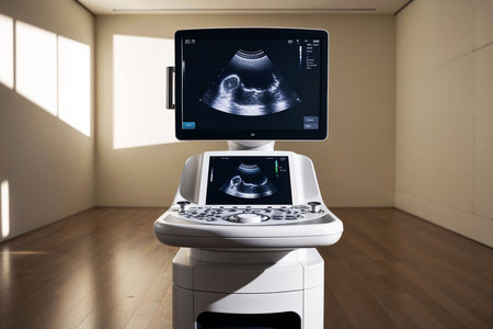 A state-of-the-art ultrasound machine stands in a well-lit medical examination room with wooden floors. The screens display detailed images, showcasing advanced medical imaging technology.の写真素材
