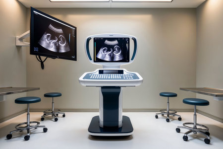 A modern medical examination room features a cutting-edge ultrasound machine at its center. Digital...