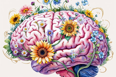 A vibrant brain design featuring colorful flowers intertwining throughout, representing the...