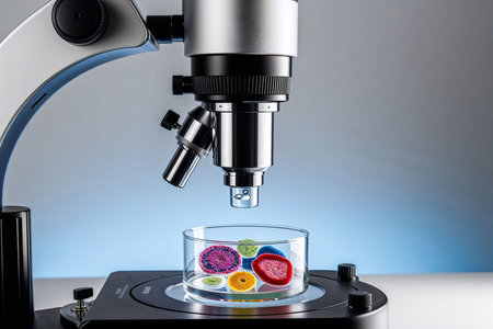 A modern microscope is focused on a petri dish containing colorful microorganisms.