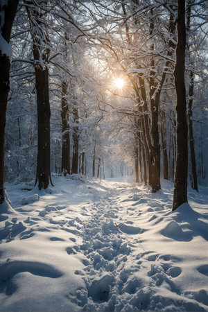 Golden sunlight pierces through frost-laden branches in a serene winter forest. Fresh snow blankets the ground, creating a peaceful atmosphere as footsteps trail through the snow.の写真素材