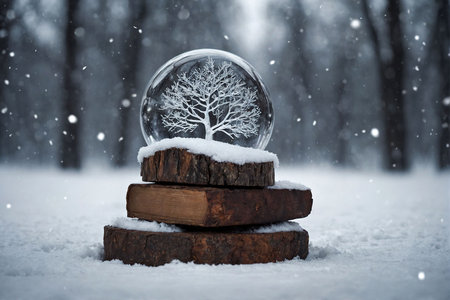 A snow globe features a white tree inside, placed atop stacked wooden logs. Snow falls softly around...