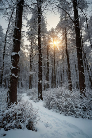 A tranquil winter forest path is surrounded by snow-covered trees. The sun sets in the background, casting warm rays through the branches, creating a peaceful atmosphere.の写真素材