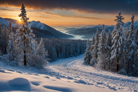 A peaceful snowy mountain landscape features tall pine trees covered in frost. The sun rises behind distant hills, casting a warm glow and illuminating the mist in the valley below.の写真素材