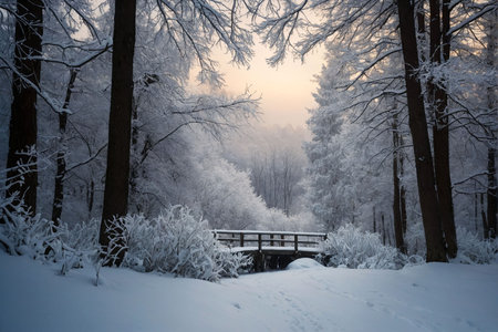 A quiet winter landscape features a snow-covered forest with tall trees blanketed in white. A wooden bridge spans a small path, creating a tranquil scene at dusk, shrouded in soft light.の写真素材