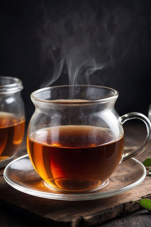 A steaming cup of tea sits on a wooden surface, with several glass jars in the background. The warm...