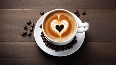 A beautifully crafted cappuccino sits on a white saucer surrounded by coffee beans. The latte art features a heart design, showcasing the skill of the barista. Rich colors and textures are visible.の写真素材
