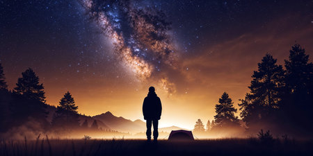 Man standing in the meadow with tent and looking at milky way