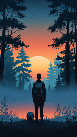 Man with backpack in the forest at sunsetの写真素材