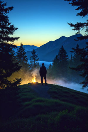 Man standing on the hill and looking at the sunset in the mountains