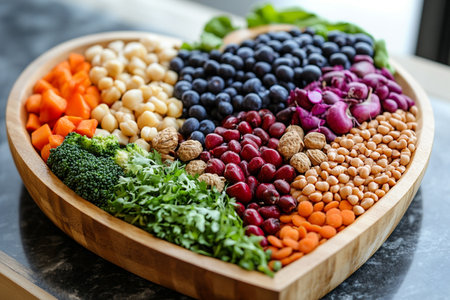 A heart-shaped wooden platter is filled with vibrant fresh vegetables, fruits, and nuts.