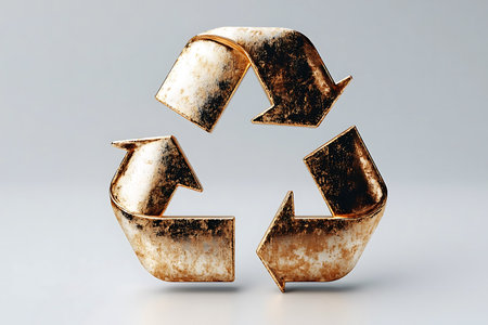 A golden recycling symbol is prominently displayed against a simple background, emphasizing themes of sustainability and environmental awareness. Its unique texture adds depth to its significance.の写真素材