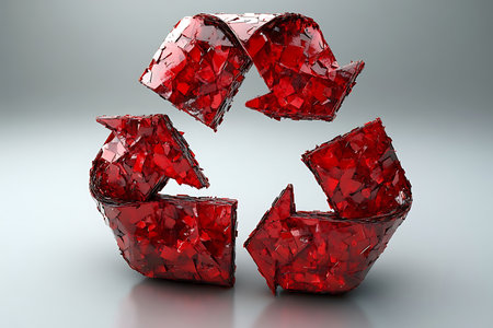 Colorful red recycling symbols made from shiny, angular fragments are creatively arranged in a circular pattern. This artwork emphasizes the importance of recycling in a vibrant and engaging way.の写真素材