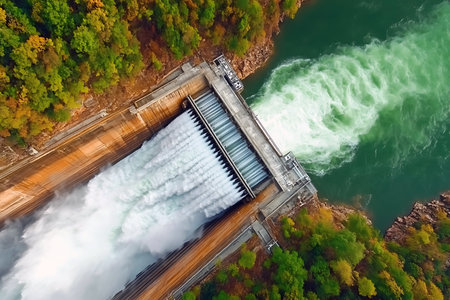 A large dam releases a torrent of water, creating a stunning visual as it cascades down into a vibrant green river. Surrounding trees display their autumn colors, enhancing the beauty.の写真素材