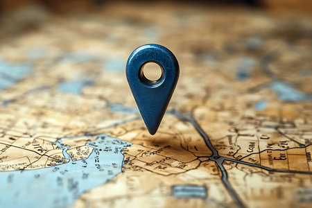 A metal location pin is positioned on a vintage map, highlighting a specific area with roads and bodies of water. The design invites exploration and navigation through familiar landscapes.の写真素材