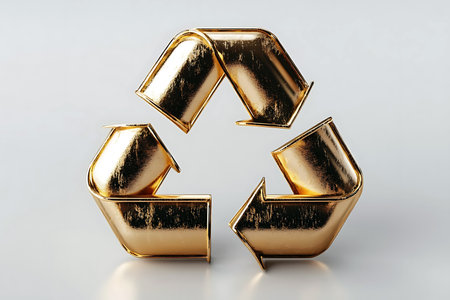 A shiny, golden recycling symbol with interconnected arrows is displayed on a neutral background, symbolizing awareness and commitment to sustainability and eco-friendly practices in modern design.の写真素材