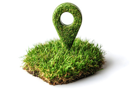 A location marker made of grass sits on a patch of soil covered with vibrant green grass. This representation emphasizes themes of environmental conservation and green initiatives in urban spaces.の写真素材
