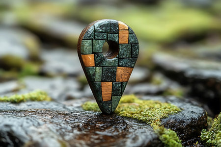 A decorative pointer made of stones in various shades of green and brown is positioned on damp rocks covered with moss. The setting suggests a natural and serene environment.の写真素材